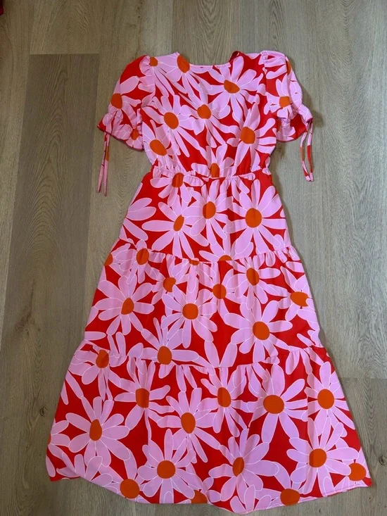 Pink Floral Tie-Front Maxi  Dress women’s large - Picture 5 of 7